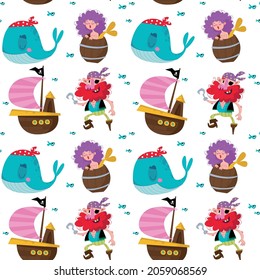 Seamless pattern with funny whales, ships, pirate and mermaid. Vector illustration in children s cartoon style. Printing for textiles, print design, postcards