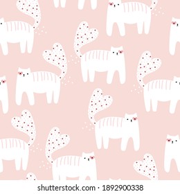 Patrón sin foco con gato blanco y corazones divertidos. Ilustración dibujada a mano por vectores.