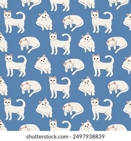 Seamless pattern with funny white cats in different poses on a blue background. For textiles, wallpaper, fabric, wrapping, cover, print. Vector illustration with cute kittens. 