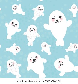 Seamless pattern Funny white fur seal pups, cute winking seals with pink cheeks and big eyes. Kawaii albino animals on blue background. Vector