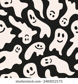 Seamless pattern with funny white ghosts. Bright cartoon background for Halloween.