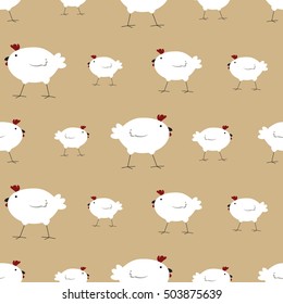 Seamless pattern with funny white hens on a beige background, made in a vector. It can be used for wrapping paper, wallpaper for the nursery, textiles.