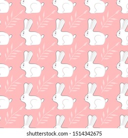 Seamless pattern with funny white rabbits on pink background. Animal illustration. Cute print design. Art for different purposes. Ready-to-use design template. Vector illustration.