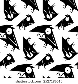 Seamless pattern with funny wild bird. Abstract pattern, stylish print with black cartoon crow, comic raven. Screaming and shocked bird. Black and white graphic design, vector illustration.