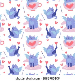 Seamless pattern with funny winged cats, feline cupids in clouds, hearts. Creative background on Valentine's day greetinc card. Flat vector illustration