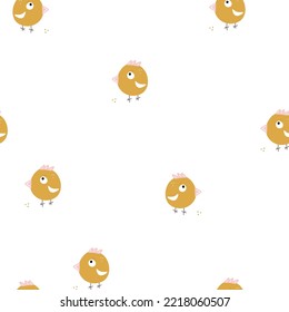 Patrón sin foco pájaro amarillo divertido sobre fondo blanco estilo escandinavo para tela infantil, textil, vivero, papel tapiz
