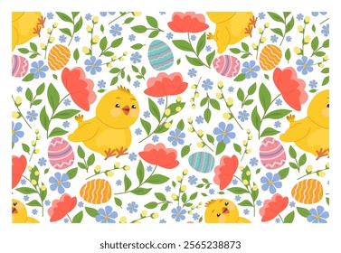 Seamless pattern with funny yellow chicken and easter eggs on white background. Cute baby chick with flowers and pawl eggs. Vector illustration for poster, invitation, card or fabric