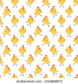 Seamless pattern with funny yellow chickens. Farm or Easter background in vector.