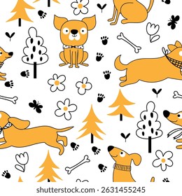 Seamless pattern with funny yellow dogs. Cute dogs of different breeds with flowers and trees on a white background in vector. Perfect for kids fabric, textile, nursery decoration,wrapping paper.