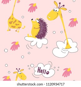 Seamless pattern funny yellow giraffe and kind hedgehog flying on clouds. Giraffe head, Daisy, pink background suitable for images on baby clothes, textiles, cards
