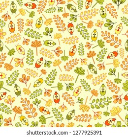 Seamless pattern with funny yellow, orange and green birds and colorful branches on a beige background.Print for fabric,wrapping paper,scrapbooking,planners,wallpaper and more