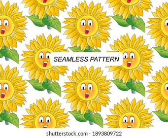 Seamless pattern from funny yellow sunflowers on a white background. Trendy floral background for textile, fabric, paper.
