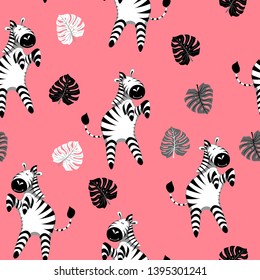 Seamless pattern with funny zebras standing on their hind legs on pink background. Flat vector illustration.