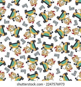 Seamless pattern of funy bear driving the blue car. Can be used for t-shirt print, Creative vector childish background for fabric textile, nursery wallpaper and other decoration.