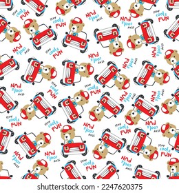 Seamless pattern of funy bear driving the blue car. Can be used for t-shirt print, Creative vector childish background for fabric textile, nursery wallpaper and other decoration.