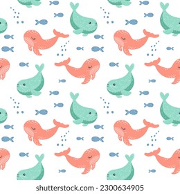 Seamless pattern with fur seals and fishes on a white background. Background with cartoon sea animals. Baby print, vector