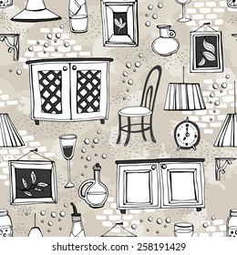 Seamless pattern with furnishings and details of European cafe or restaurant. Can be used for curtains, wallpaper, pattern fills, web page background, surface textures.