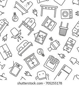 Seamless pattern with furniture, black and white icons