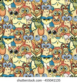 Seamless Pattern with Furry Doodle Owls. Endless Vector Ornament.