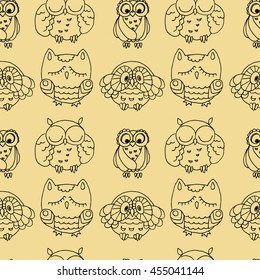 Seamless Pattern with Furry Doodle Owls. Endless Vector Ornament.