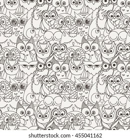 Seamless Pattern with Furry Doodle Owls. Endless Vector Ornament.