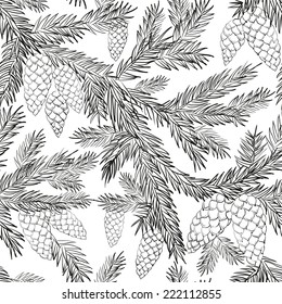 Seamless pattern with  fur-tree branches, monochrome. Vector illustration.