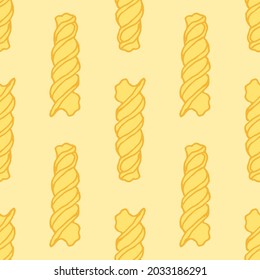 Seamless pattern of Fusilli paste, yellow in flat style on a yellow background. a kind of dry short pasta twisted into a spiral. Vector pattern of a single dry yellow paste, drawn in the style 