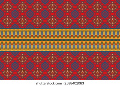 Seamless pattern with a fusion of tradition and modernity, featuring geometric square motifs  red and yellow tone.seamless ethnic design with contemporary style, seamless fabric pattern