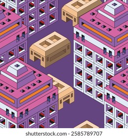 Seamless pattern with futuristic architectural structures. Isometry. Vector illustration