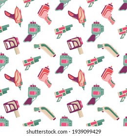 Seamless pattern with futuristic colorful blaster for fabric