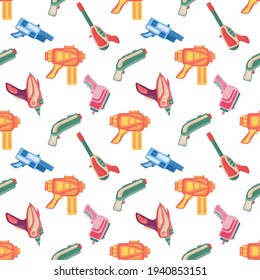 Nahtloses Muster mit futuristischen bunten Blaster. Kinderspiel-Gewehr.
