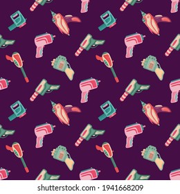 Seamless pattern with futuristic colorful blaster on purple background.