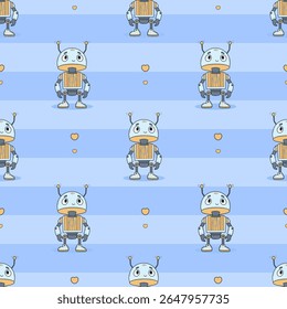Seamless pattern Futuristic cute Robot on striped blue background. Virtual Technology funny Assistant. Vector illustration. Kids collection. Not AI