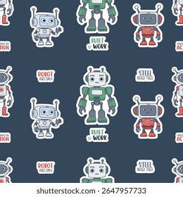 Seamless pattern Futuristic cute Robots Sticker on dark gray background with cool phrases. Virtual Technology funny Assistant. Vector illustration. Kids collection. Not AI