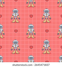 Seamless pattern Futuristic Robot on checkered red background with hearts. Virtual Technology funny cartoon Assistant. Vector illustration. Kids collection. Not AI