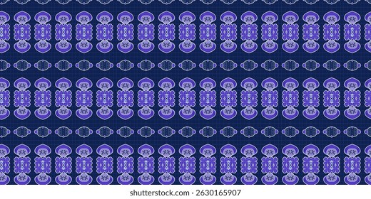 Patrón sin fisuras con símbolos tecnológicos futuristas en violeta y paleta azul
