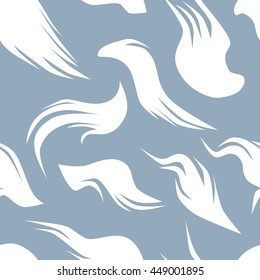 Seamless pattern with fuzzy feathers on a blue background. Repeating texture.