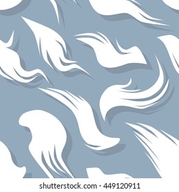 Seamless pattern with fuzzy feathers with shadows on a blue background. Repeating texture.
