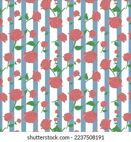 Seamless pattern of fuzzy wuzzy color rose with may green color leaf and stream, pewter blue color vertical lines on lines on white background. Textile design, wallpaper, poster, interior design.