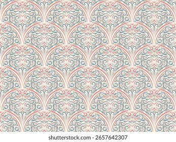 Patrón sin fisuras con Elementos en forma de concha y remolinos. Fondo adornado de damasco para Fondo de pantalla, textiles, papelería en estilo Art Nouveau.