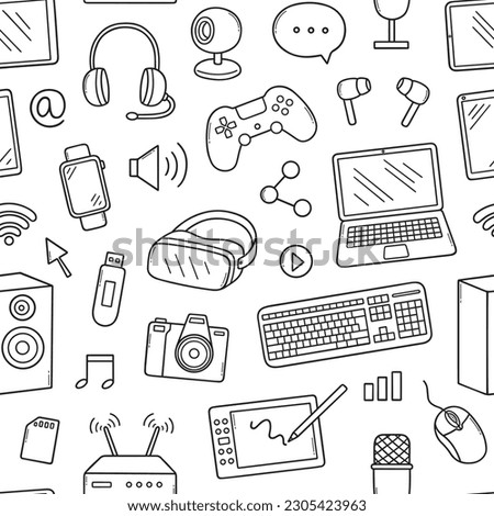 Seamless pattern of Gadgets doodle set. Keyboard, headphones, computer mouse, watch, computer in sketch style. Hand drawn vector illustration