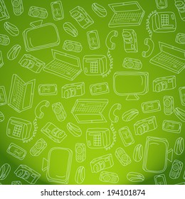 Seamless pattern with gadgets on green background