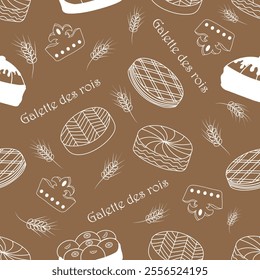 Seamless pattern Galette des Rois on a warm background with elements of wheat, crowns and traditional pies. In a skate style, with a white outline. Ideal for festive craft packaging, textile design