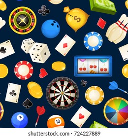 Seamless pattern with gambling and other casino entertainments. Poker, dice vector illustrations. Roulette and bowling, billiards and poker