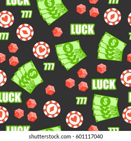 Seamless pattern with game blocks, money, chips and luck. Casino background. 