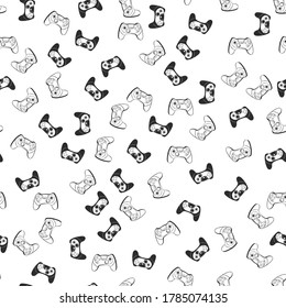 Seamless pattern with game controllers. For computer gamers, programmers, and young men. Black and white pattern. Coloring book page.
