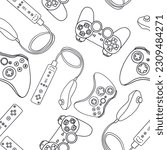 Seamless pattern of game controllers.  Microsoft Xbox, Sony PlayStation, Nintendo Wii. Vector illustration in hand-drawn outline flat style on white background