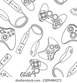 Seamless pattern of game controllers.  Microsoft Xbox, Sony PlayStation, Nintendo Wii. Vector illustration in hand-drawn outline flat style on white background