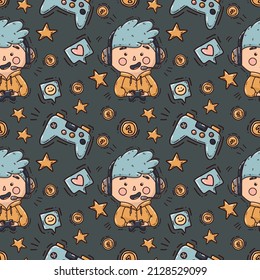 seamless pattern with game elements and fun characnter. vector illustration with videogame streamer.