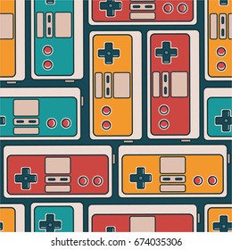 Seamless pattern with game joystick. Colorful illustration vector. Decorative wallpaper, good for printing. Overlapping backdrop with personal retro device for gaming